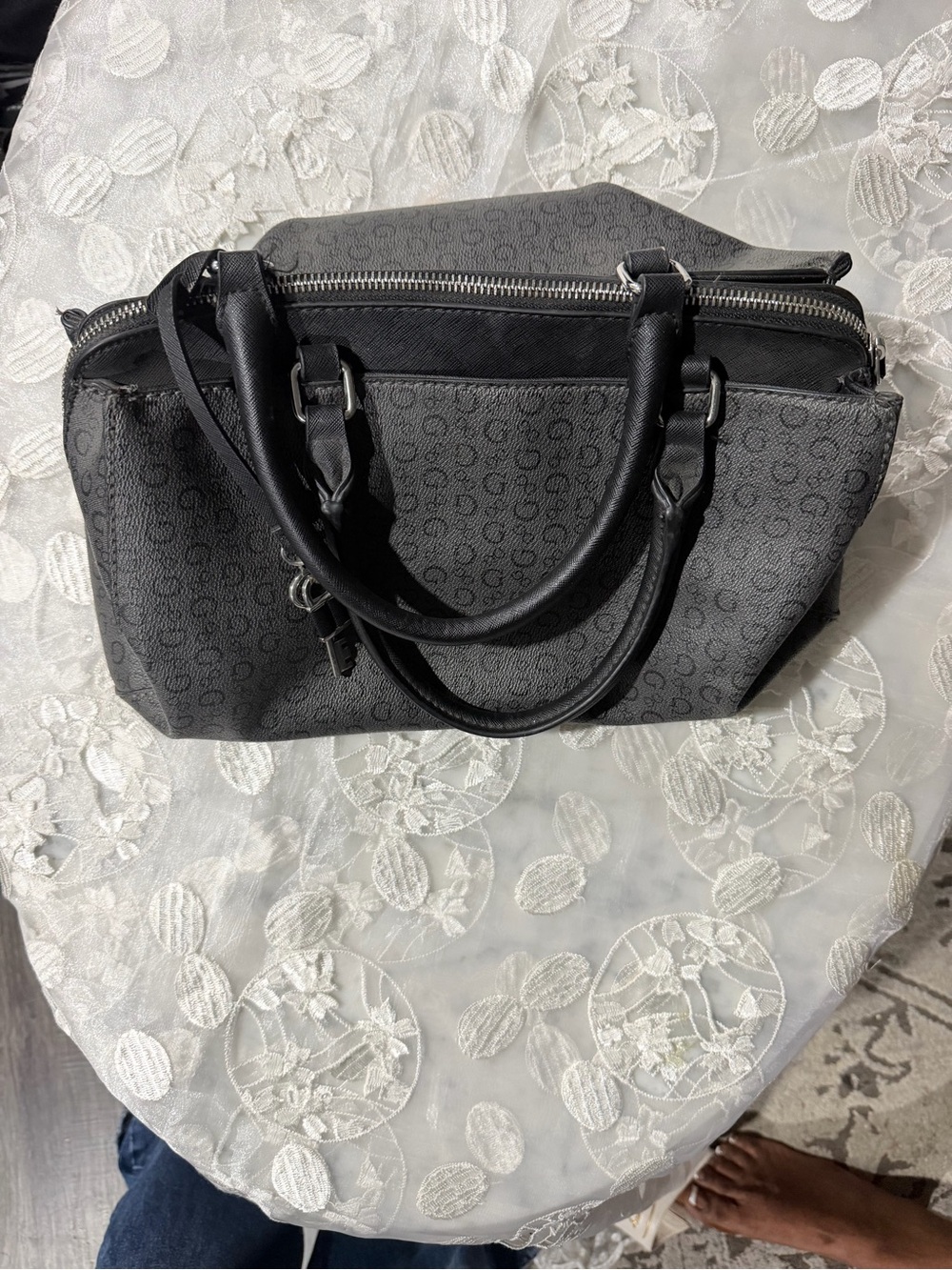Guess Black Monogram Satchel with Dual Top Handles